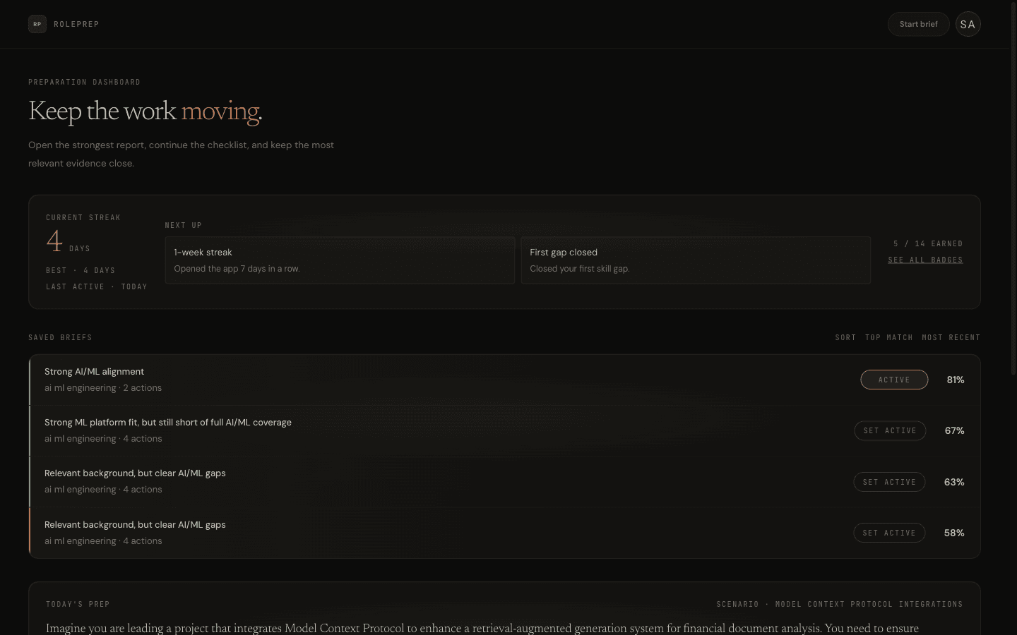 Dashboard showing a streak widget and two saved brief cards.